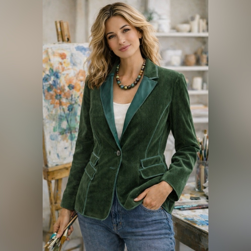 Joan Vass Teal Green Corduroy Blazer Tailored Jacket Quiet Luxury Chic Size 10